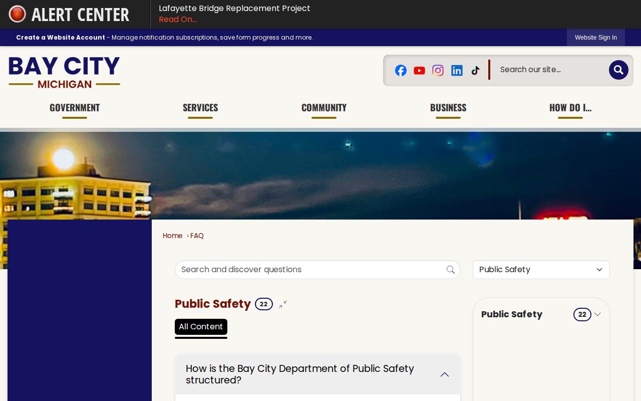 Bay City FAQ routing arrest and jail custody records to Bay County Sheriff