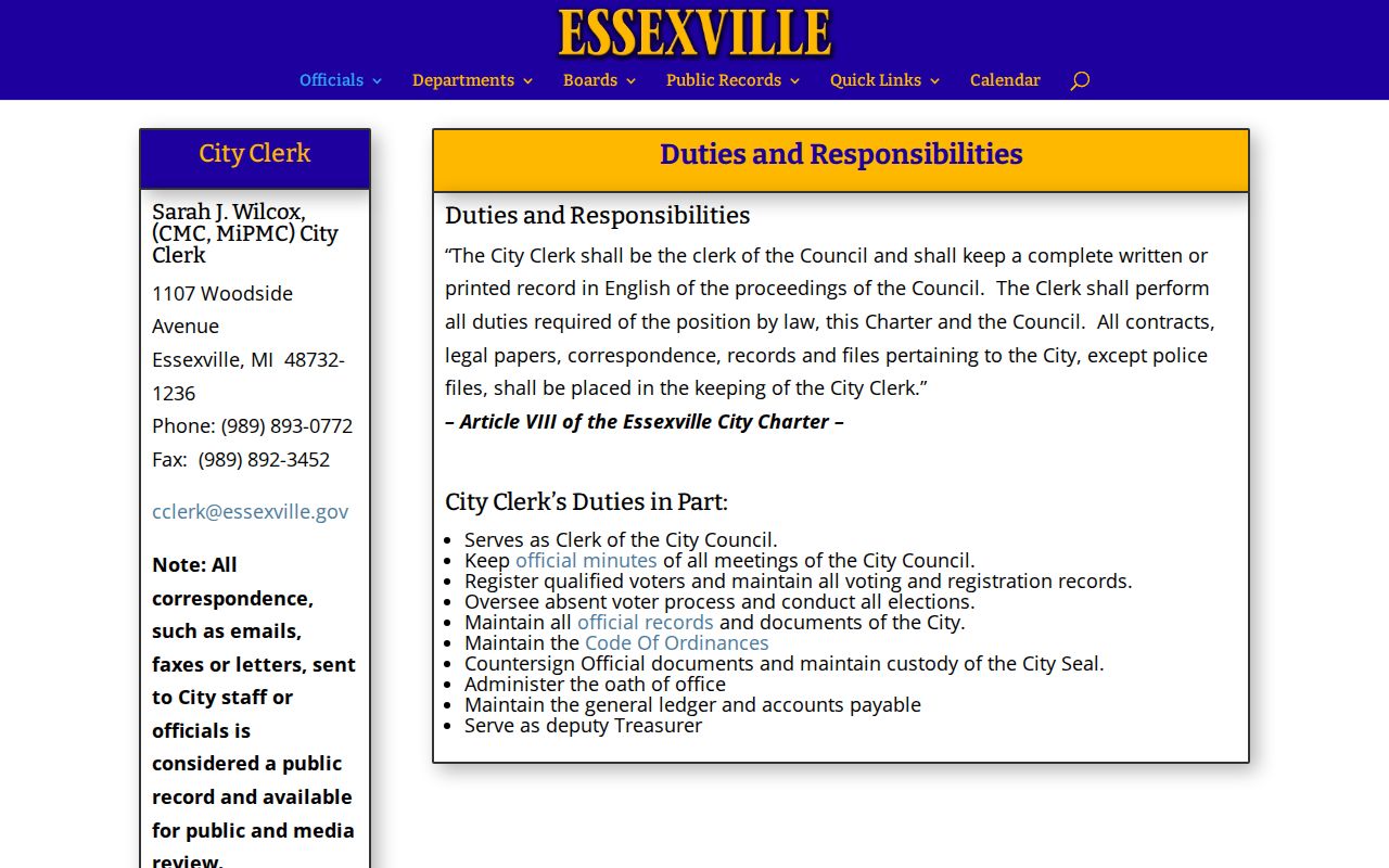 Essexville City Clerk public arrest records contact information