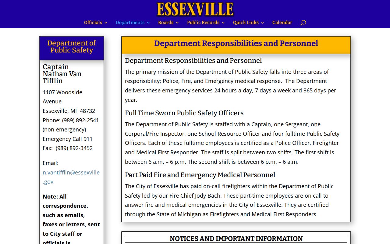 Essexville Department of Public Safety arrest record contact page